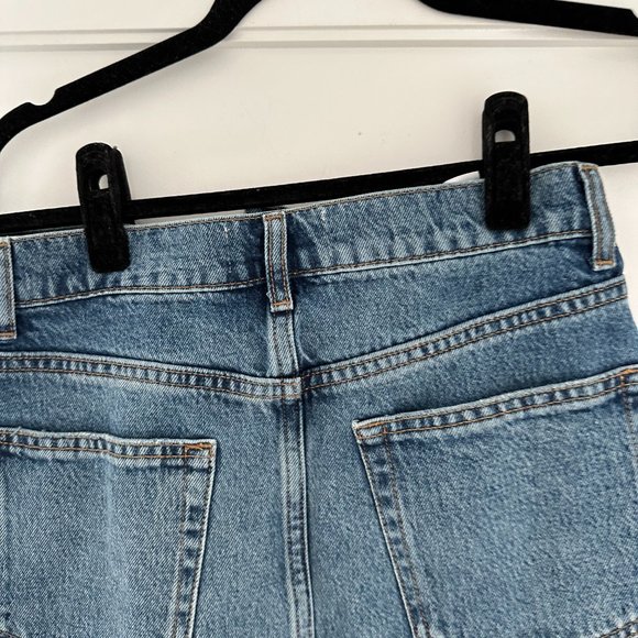 Reformation Jeans Ellie Asymmetric Denim Mini Skirt Raw Hem Size 27 - Picture 10 of 10